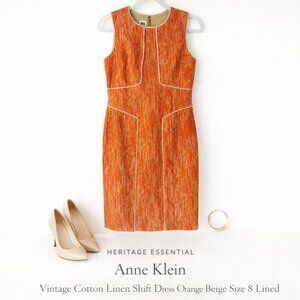 Vintage Anne Klein Cotton Linen Shift Dress Orange Beige Sz 8 Lined